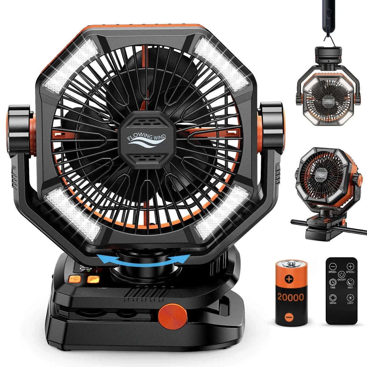 Portable Camping Fan with 20000mAh Battery and LED Light-40000mAh-Yellow / United States