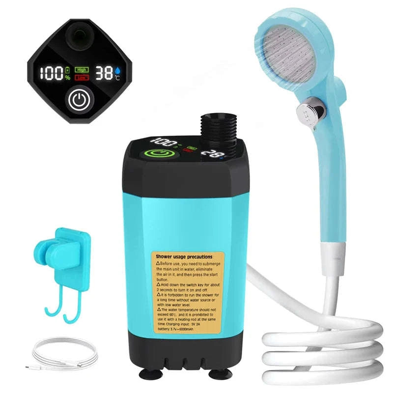 Portable Camping Shower Pump Kit with Digital Display and 6000mAh Battery-green