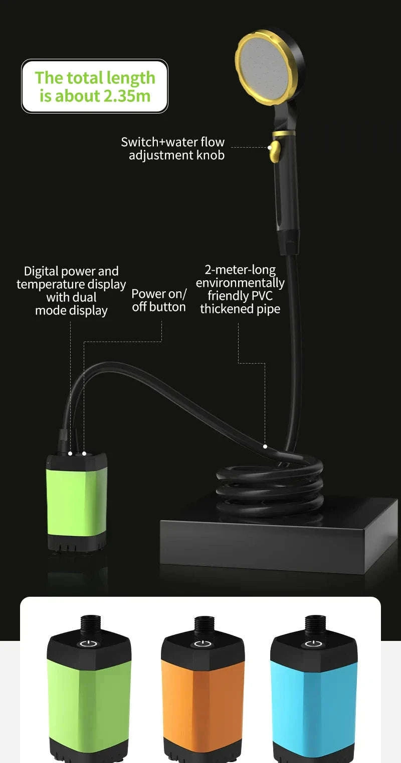 Portable Camping Shower Pump Kit with Digital Display and 6000mAh Battery-green
