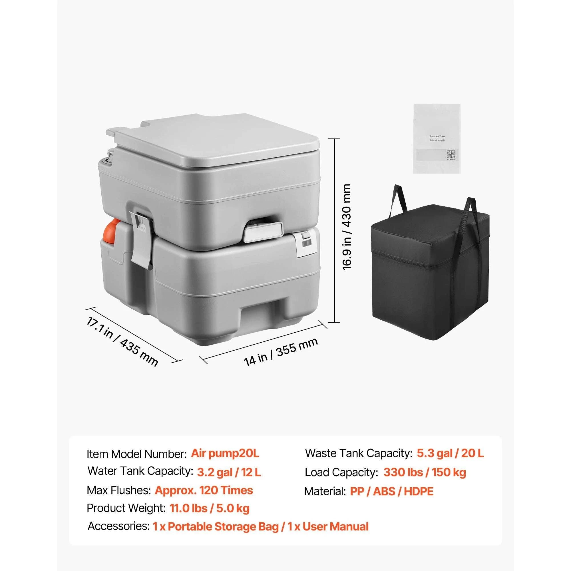 Portable Camping Toilet with Flush & Detachable Waste Tank-5.3gal / United States
