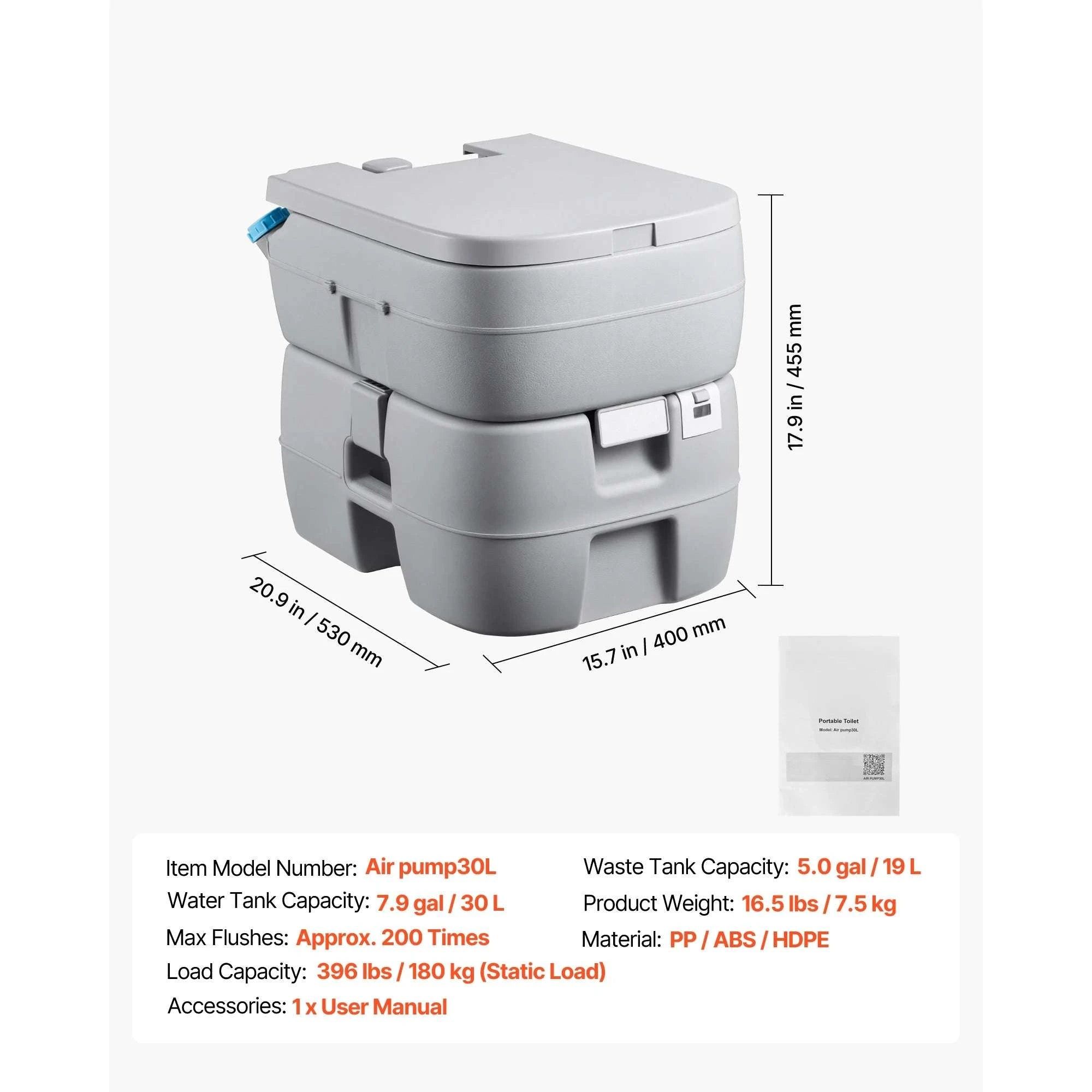 Portable Camping Toilet with Flush & Detachable Waste Tank-5.3gal / United States