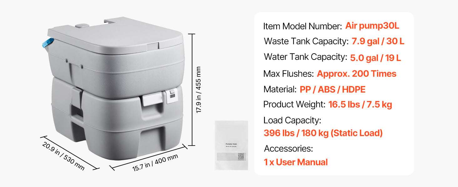 Portable Camping Toilet with Flush & Detachable Waste Tank-5.3gal / United States