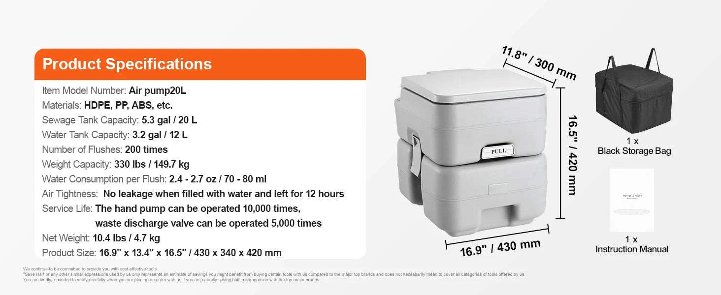 Portable Camping Toilet with Pressurized Flush-5.2gal / spain