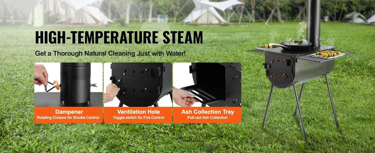 Portable Camping Wood Stove with Chimney & Cooking Shelves-118 inch / United States