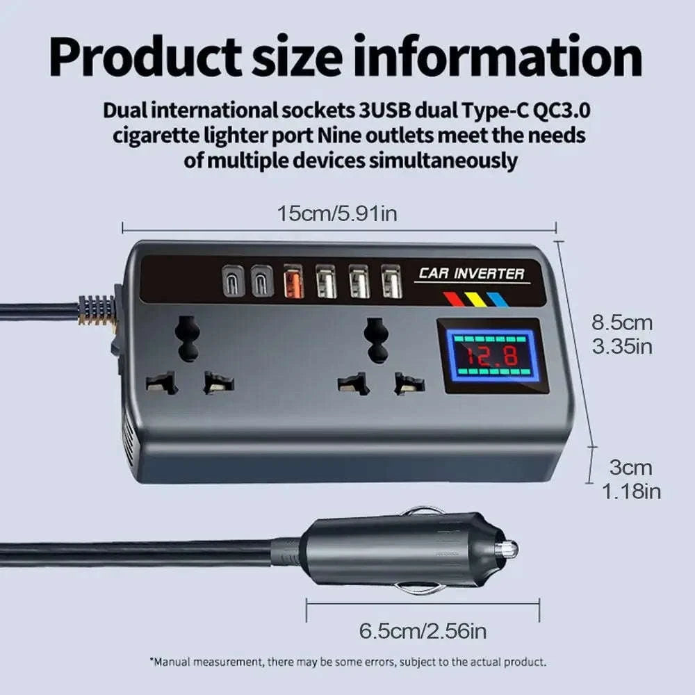 Portable Car Inverter 12V/24V to AC 220V with 4 USB Ports-With digital display