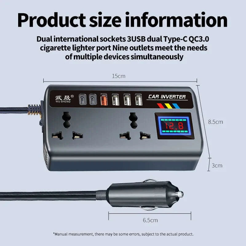 Portable Car Inverter 12V/24V to AC 220V with 4 USB Ports-With digital display