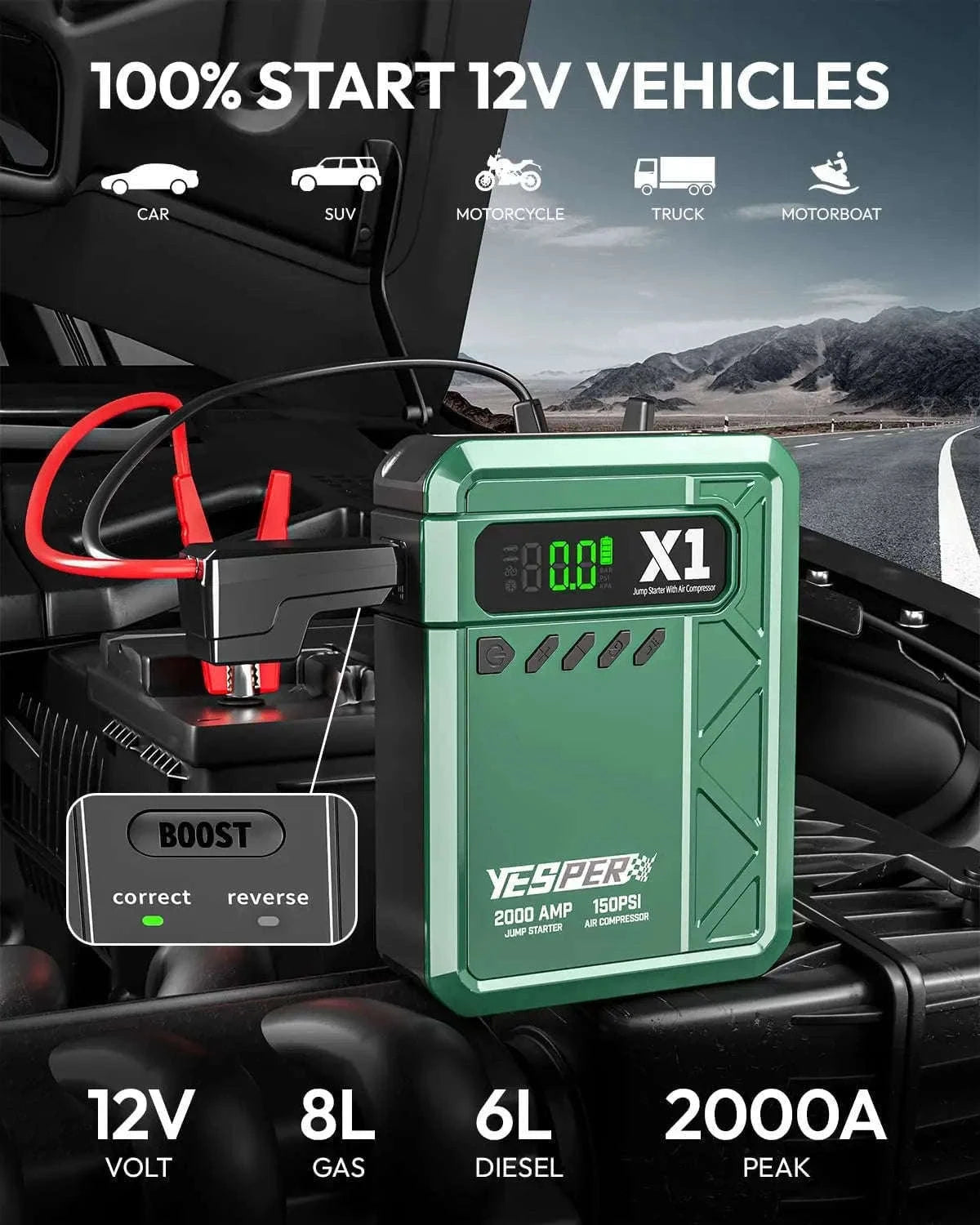 Portable Car Jump Starter with Air Compressor 2000A 150 PSI Power Bank-A-X1-yesper / Australia