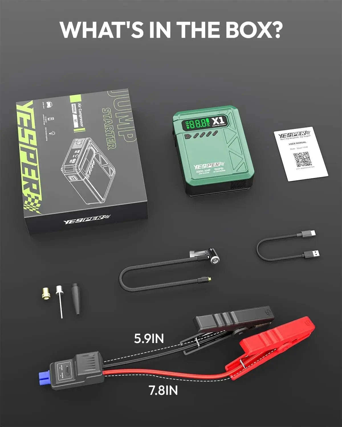 Portable Car Jump Starter with Air Compressor 2000A 150 PSI Power Bank-A-X1-yesper / Australia