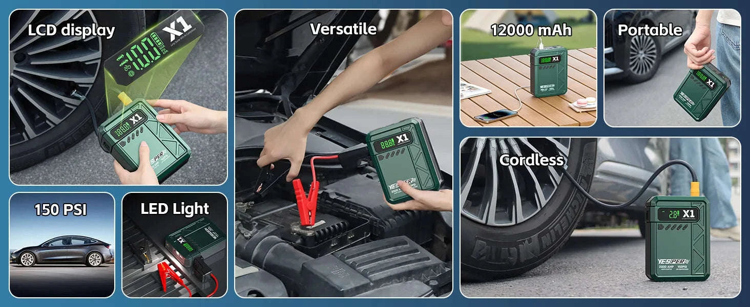 Portable Car Jump Starter with Air Compressor 2000A 150 PSI Power Bank-A-X1-yesper / Mexico