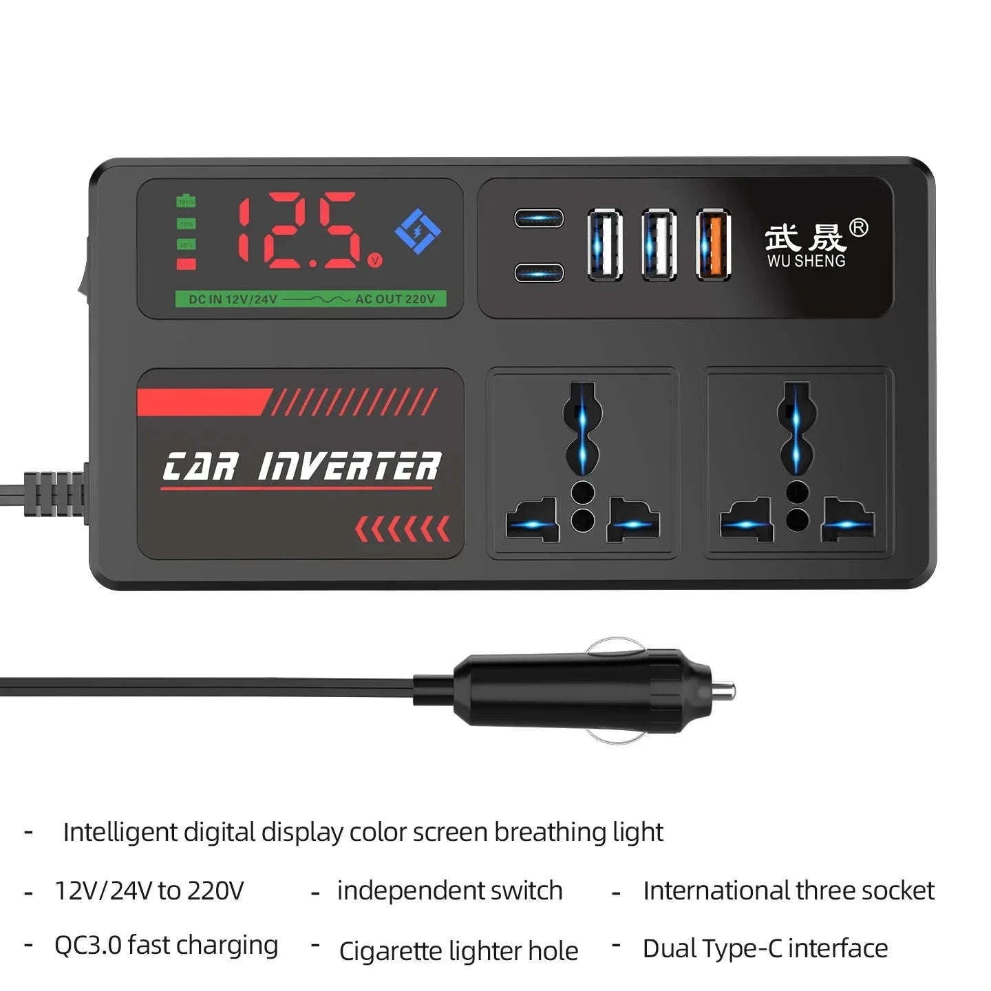 Portable Car Power Inverter 12V/24V to 110V/220V with 4 USB Ports-12V24V to 220V B
