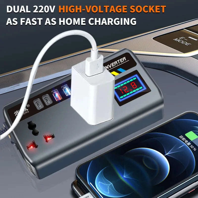 Portable Car Power Inverter 12V/24V to 110V/220V with 4 USB Ports-12V24V to 220V B