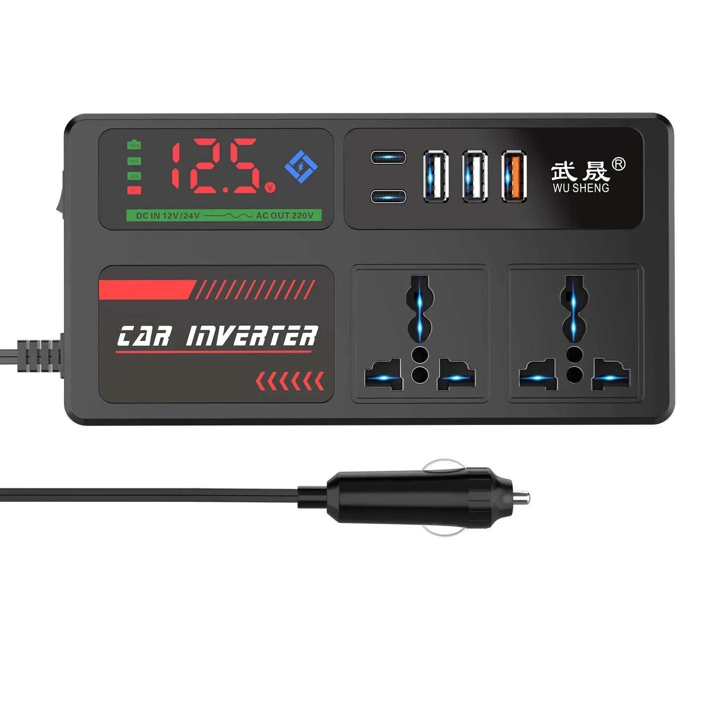 Portable Car Power Inverter 12V/24V to 110V/220V with 4 USB Ports-12V24V to 220V B