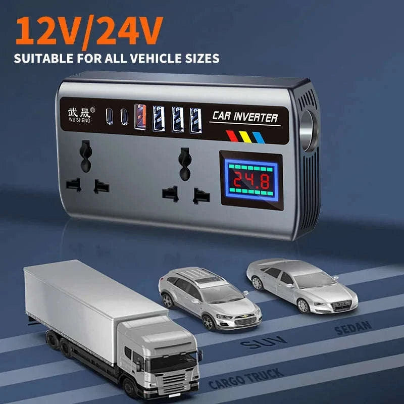 Portable Car Power Inverter 12V/24V to 110V/220V with 4 USB Ports-12V24V to 220V B