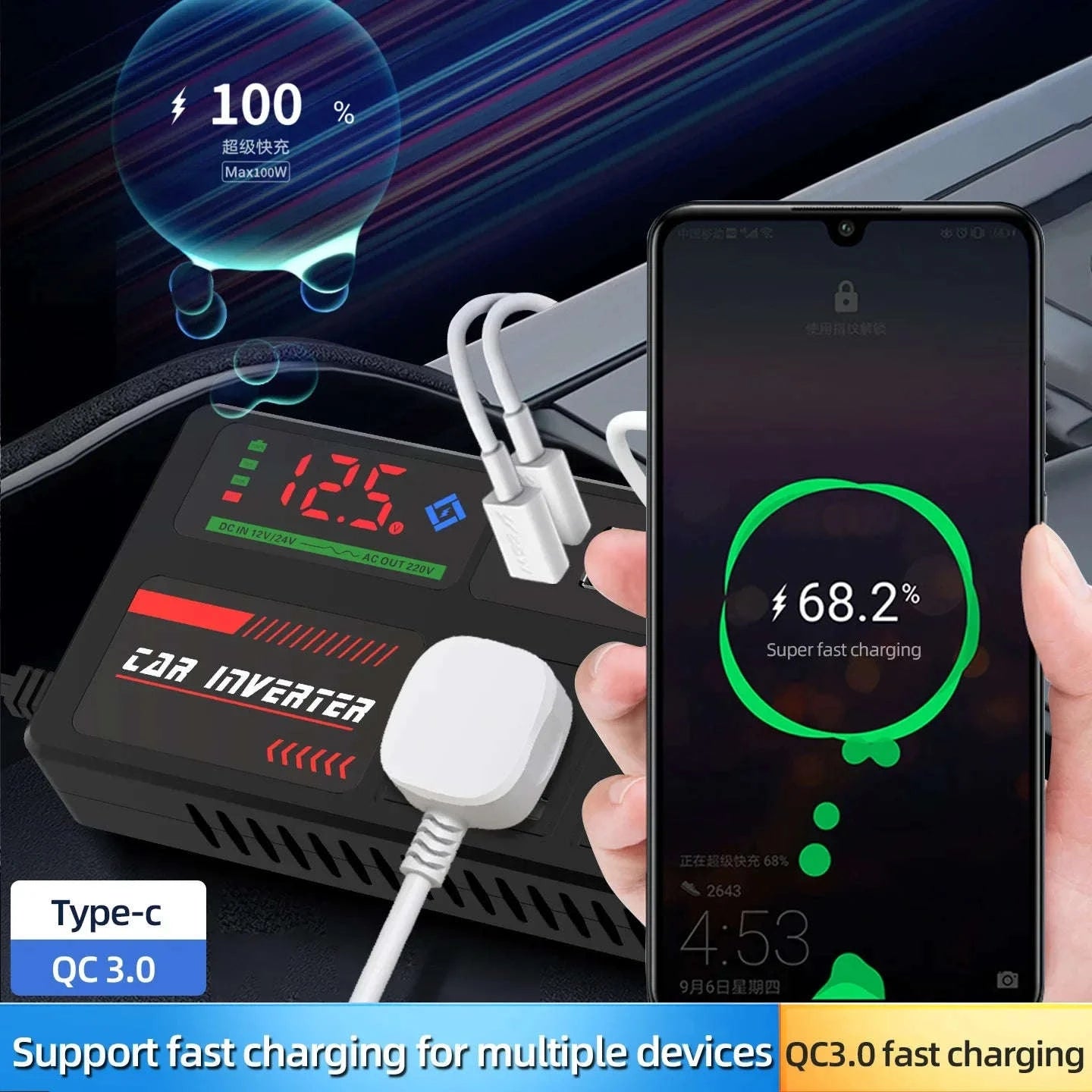 Portable Car Power Inverter 12V/24V to 110V/220V with 4 USB Ports-12V24V to 220V B