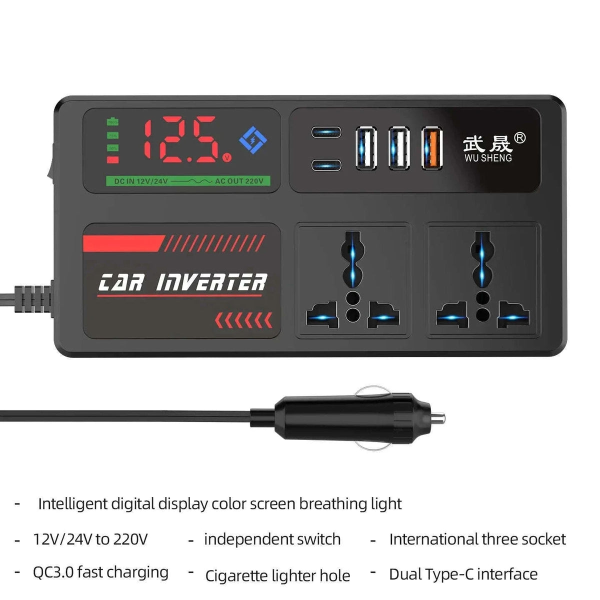 Portable Car Power Inverter 12V/24V to 110V/220V with 4 USB Ports-12V24V to 220V B