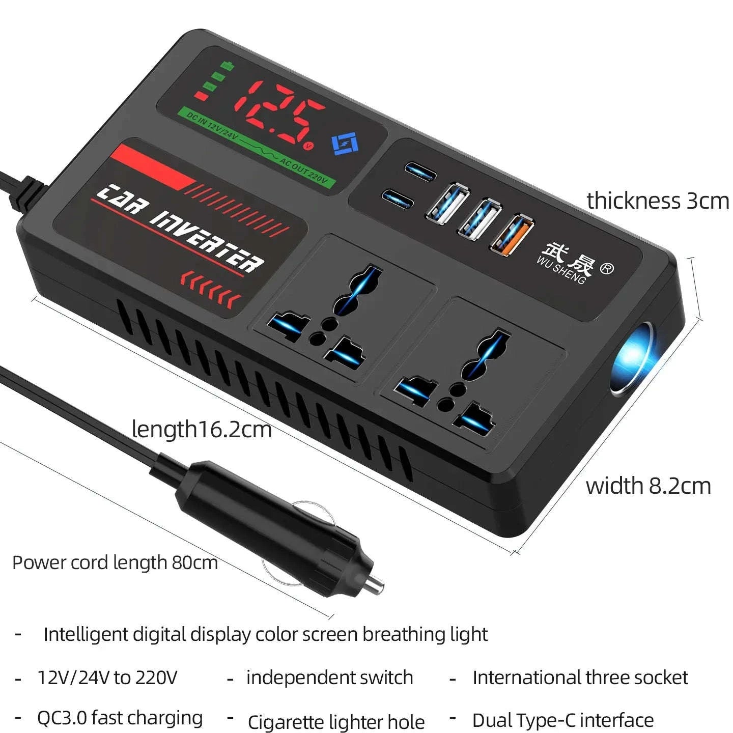 Portable Car Power Inverter 12V/24V to 110V/220V with 4 USB Ports-12V24V to 220V B