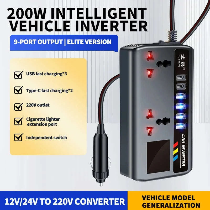 Portable Car Power Inverter 12V/24V to 110V/220V with 4 USB Ports-12V24V to 220V B