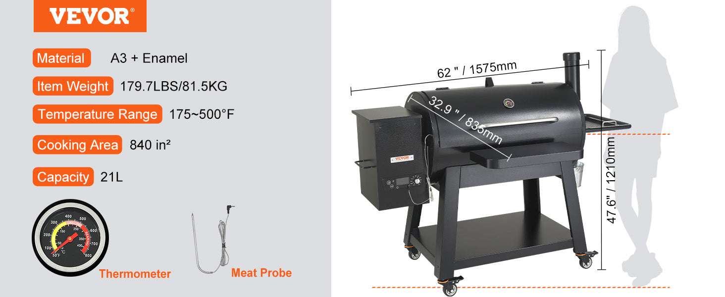 Portable Charcoal Grill Smoker with Cart, Cover & Temperature Control-62inch / United States