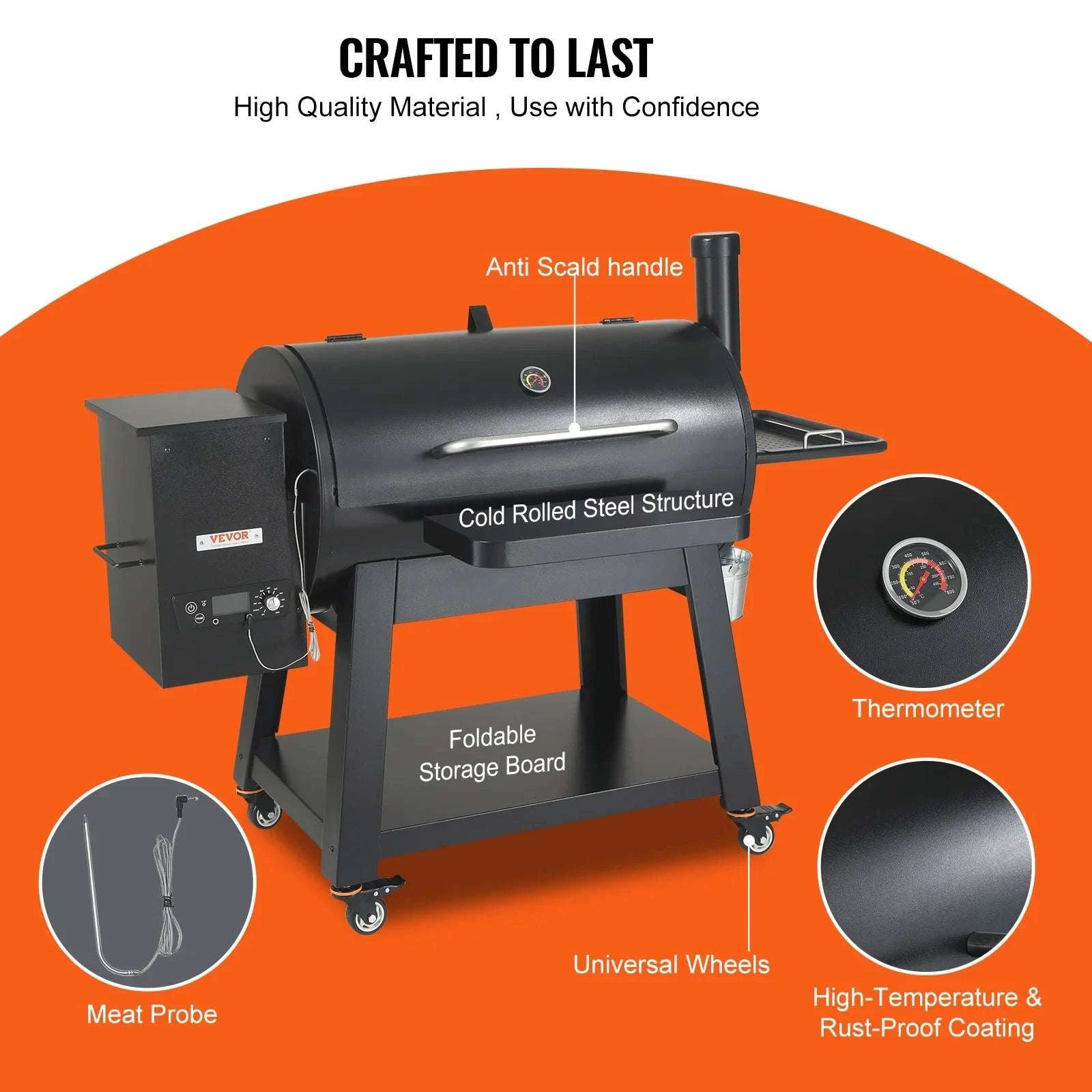 Portable Charcoal Grill Smoker with Cart, Cover & Temperature Control-62inch / United States