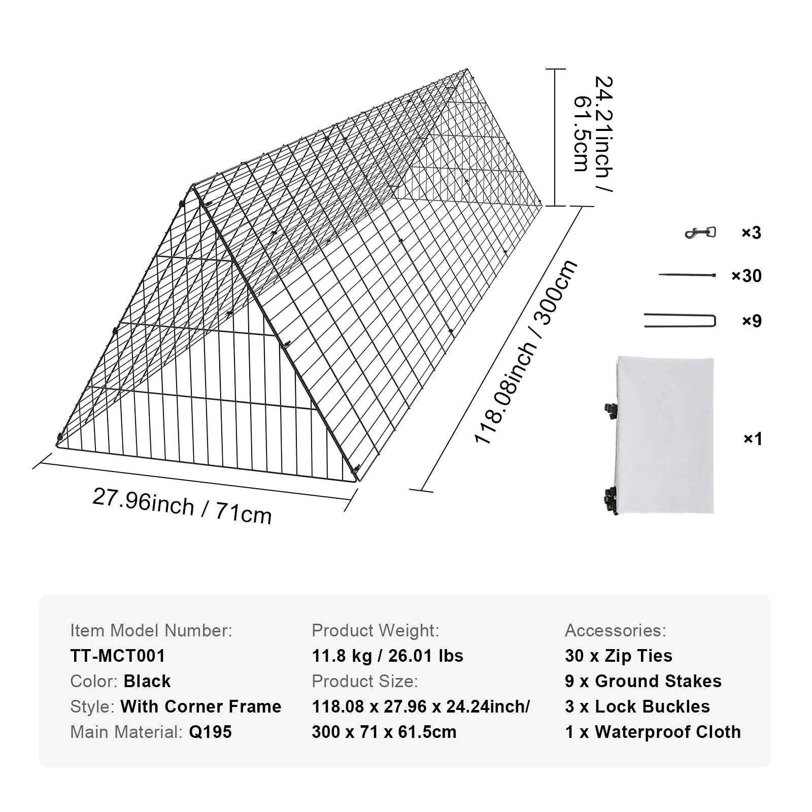 Portable Chicken Tunnel Run for Yard with Cover, 118" Coop Extension-United States / metal