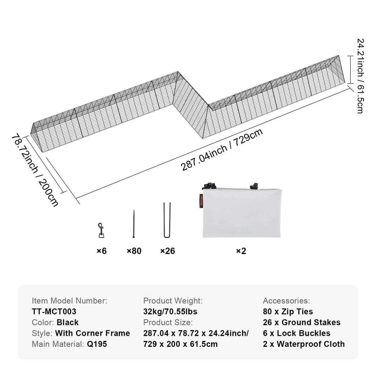 Portable Chicken Tunnel with Corner Frame, 157.5 x 39.4 x 24.2 in-Straight x Corner / United Kingdom