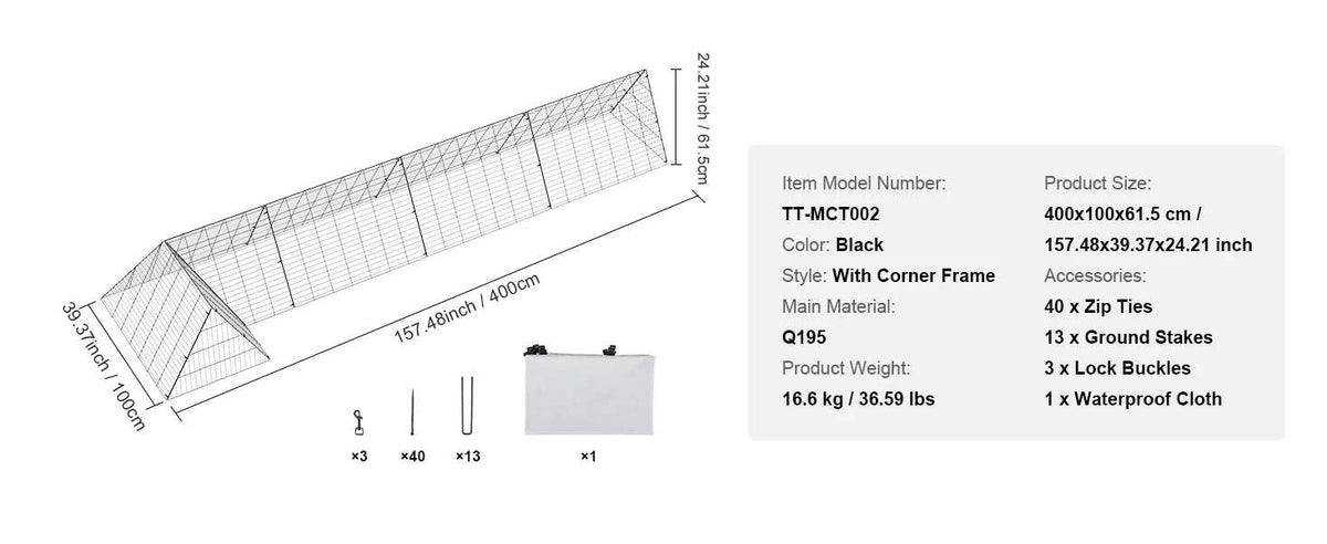 Portable Chicken Tunnel with Corner Frame, 157.5 x 39.4 x 24.2 in-Straight x Corner / United Kingdom