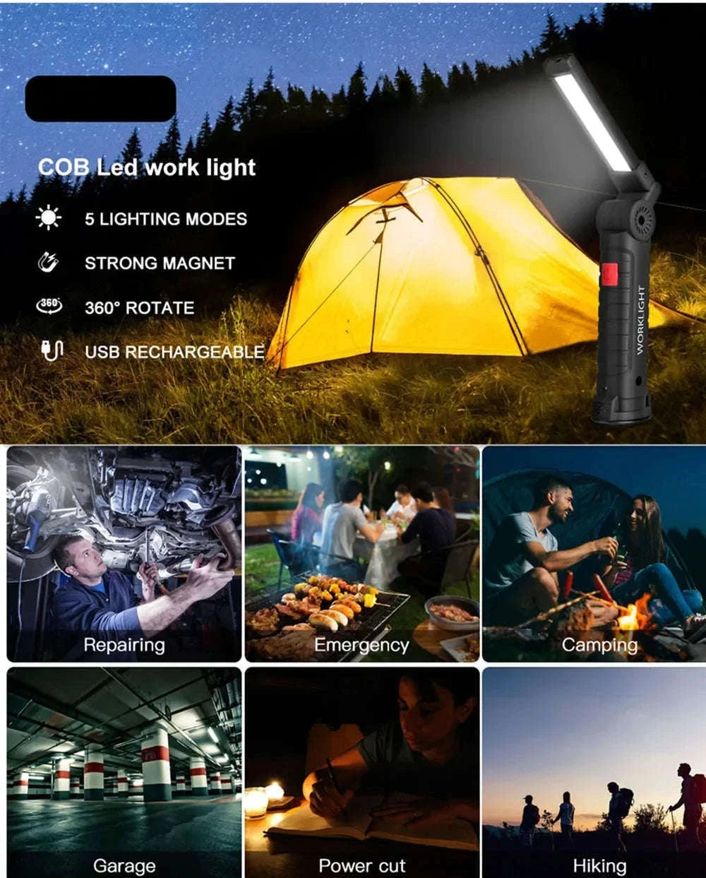 Portable COB LED Flashlight USB Rechargeable Work Light-W51 Small 3pcs