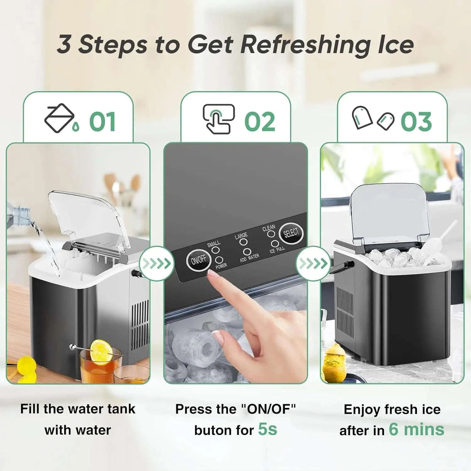 Portable Countertop Ice Maker, 26lbs/24H, 9 Cubes in 6 Mins, Self-Cleaning, Quiet for Home Kitchen RV Camping-United States