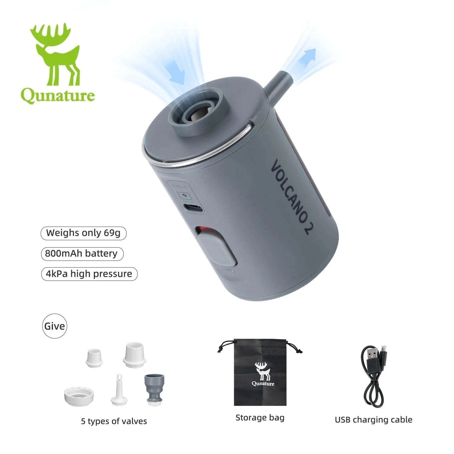 Portable Electric Air Pump with Type-C Charging for Outdoor Use-VOLCANO2-WT