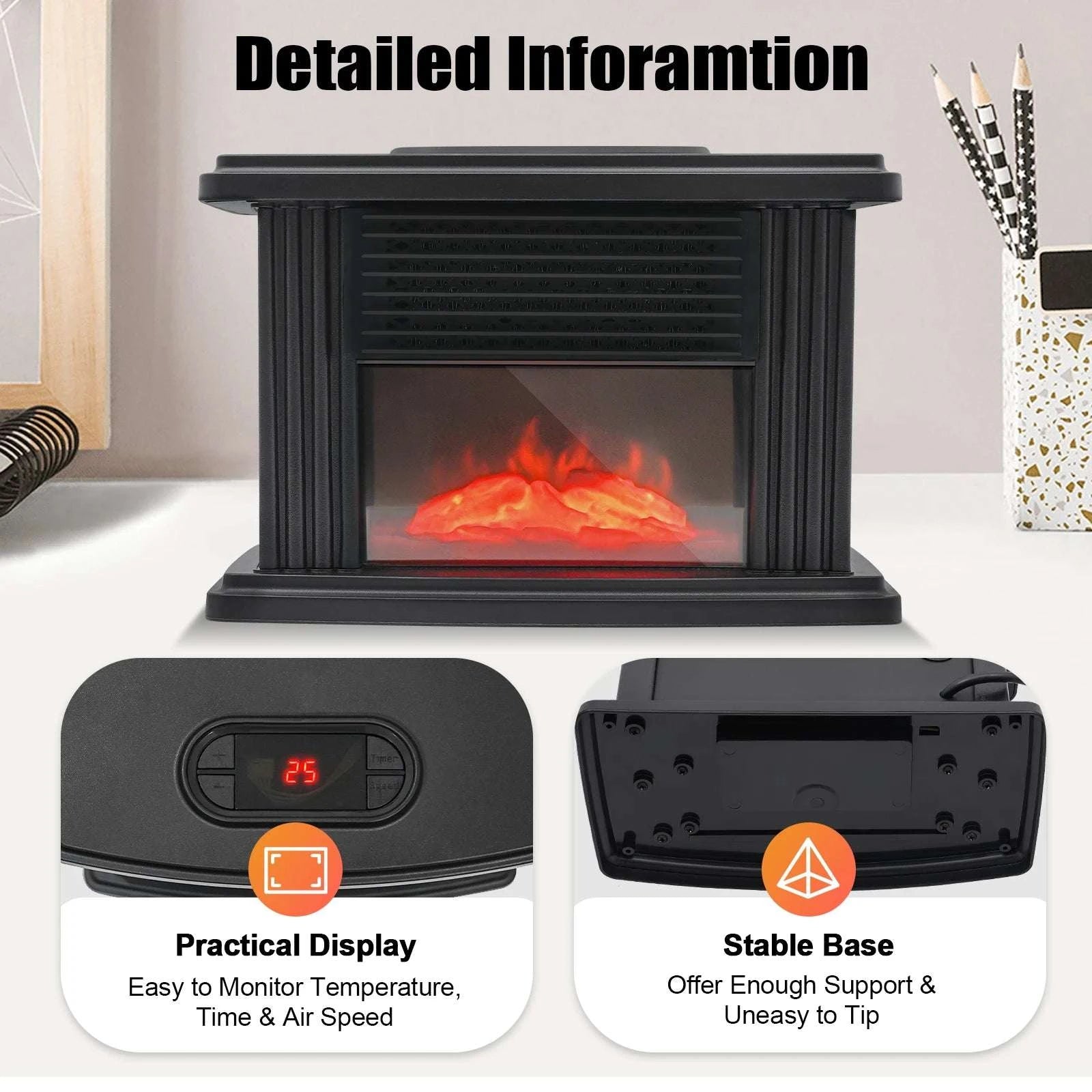Portable Electric Fireplace Heater 1000W with 3 Speeds & Timer-black / With Remote Control / United States