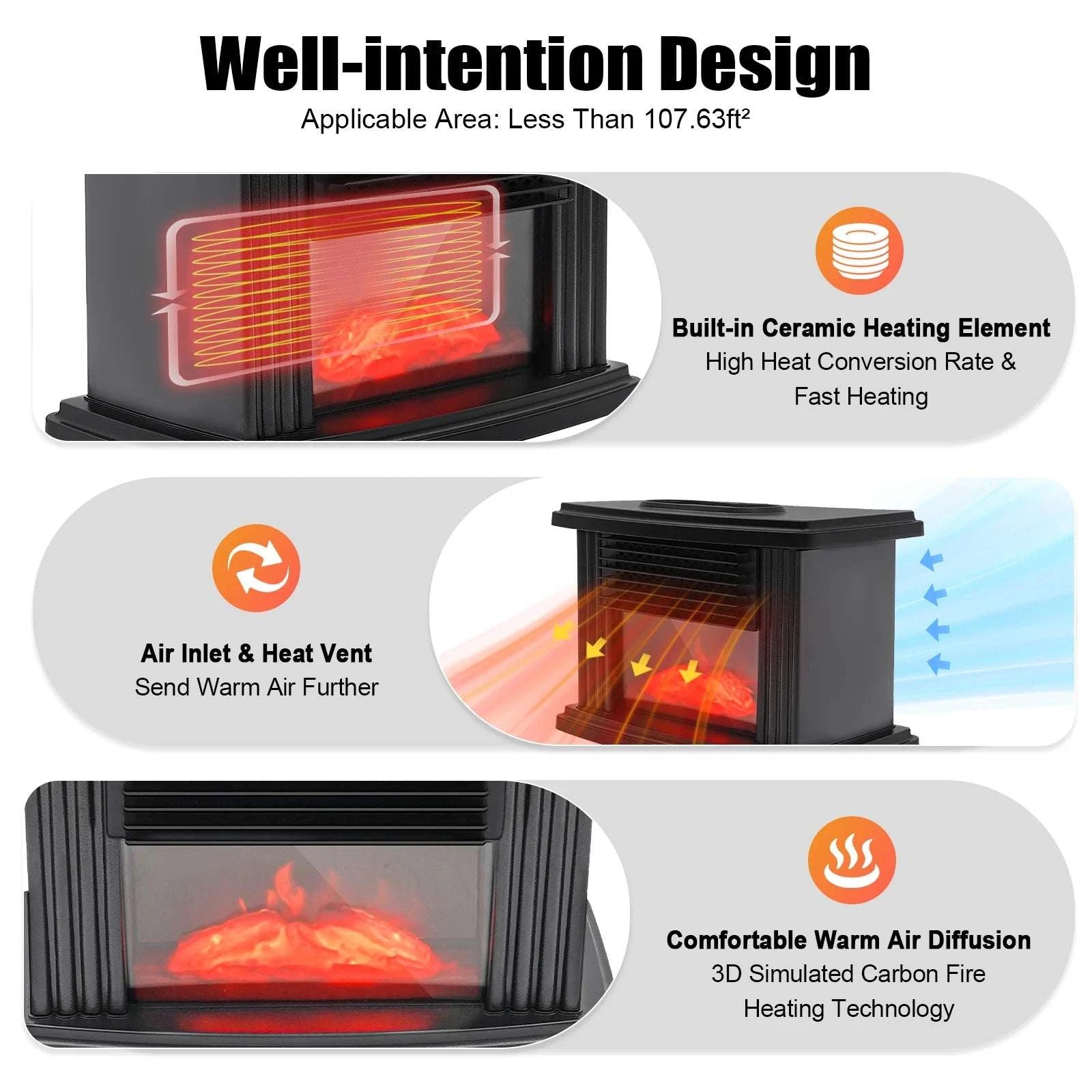 Portable Electric Fireplace Heater 1000W with 3 Speeds & Timer-black / With Remote Control / United States
