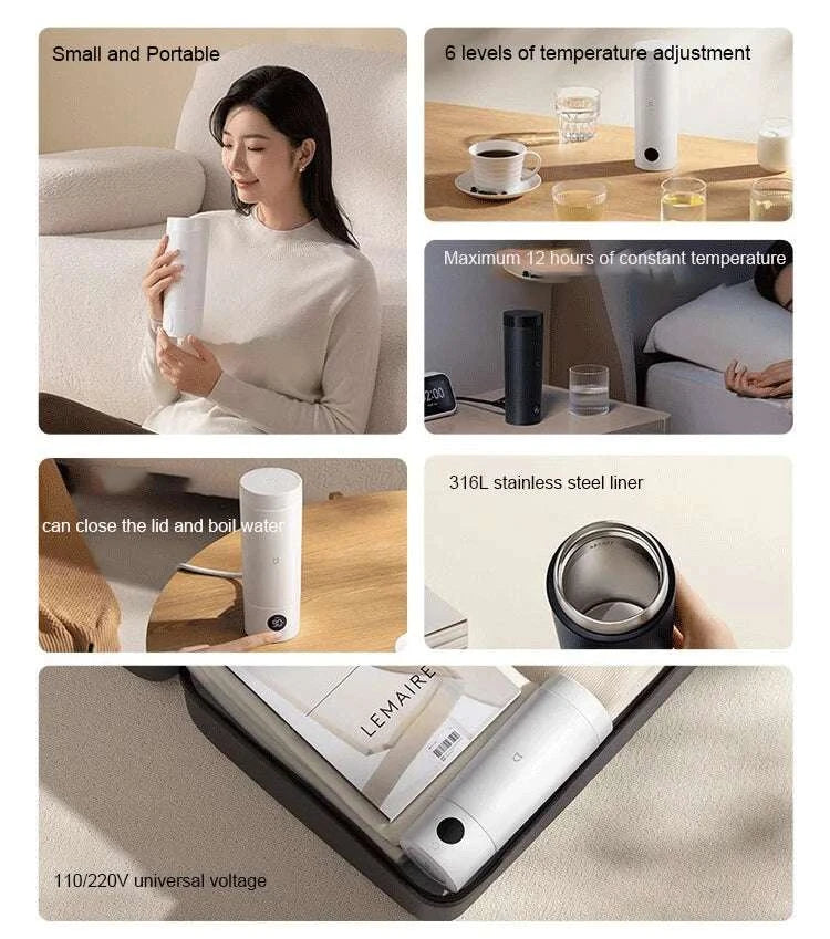 Portable Electric Kettle 350ml with Temperature Control & Thermos-White / EU