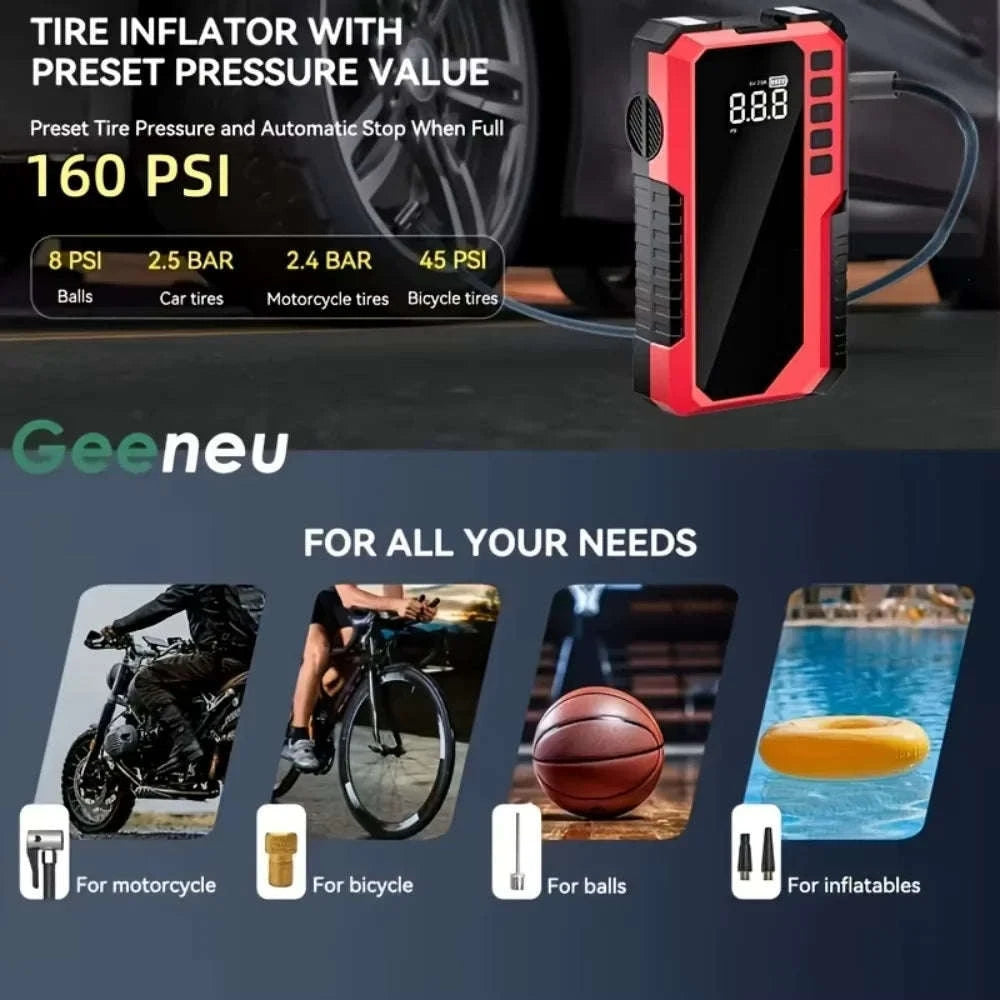 Portable Emergency Jump Starter with Air Compressor, LED Light, Power Bank and Tire Inflator-Base Model G800 / United States