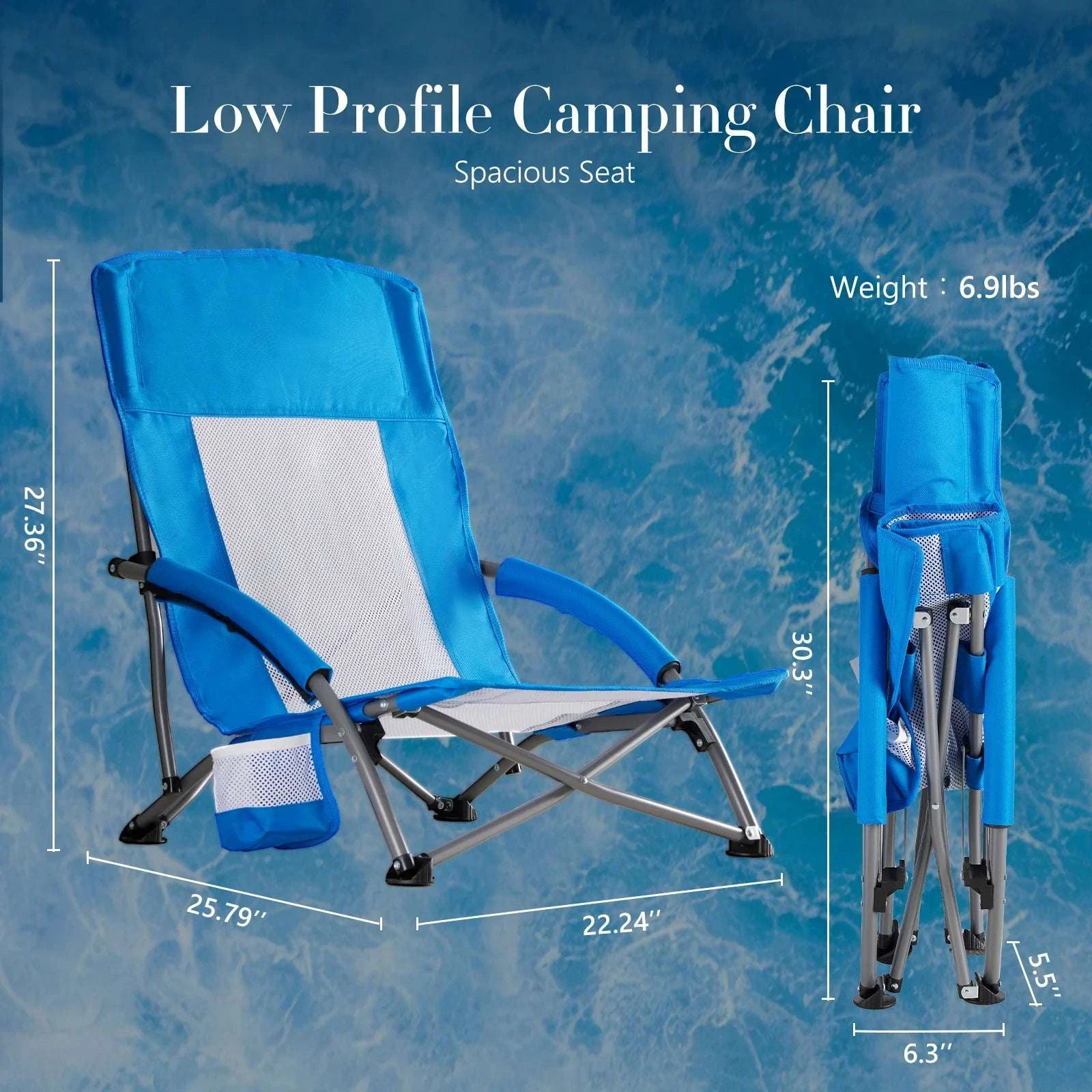 Portable Folding Beach Camping Chair with Cup Holder & Storage-Blue / United States