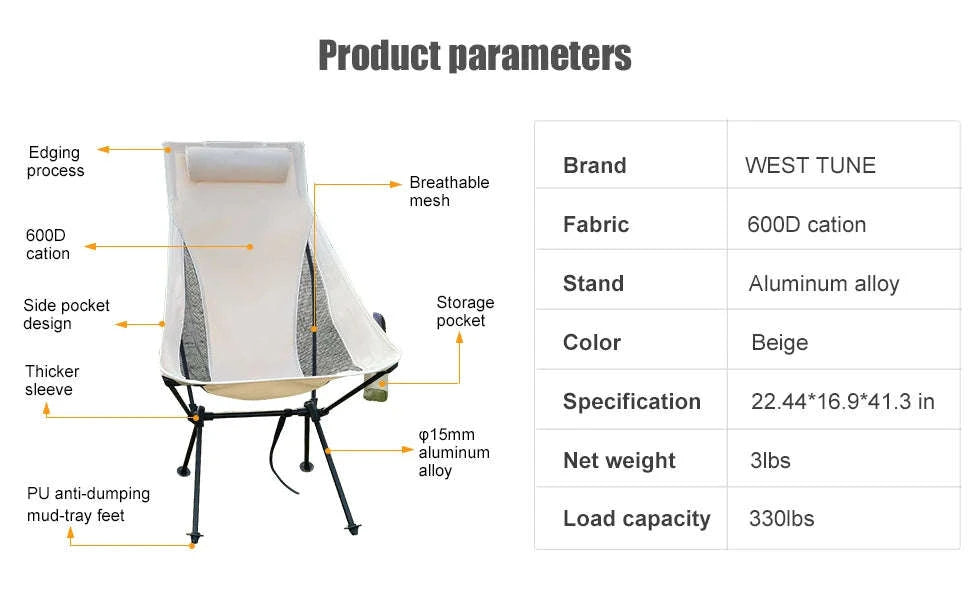 Portable Folding Camping Chair with Headrest and Aluminum Alloy Frame-Black