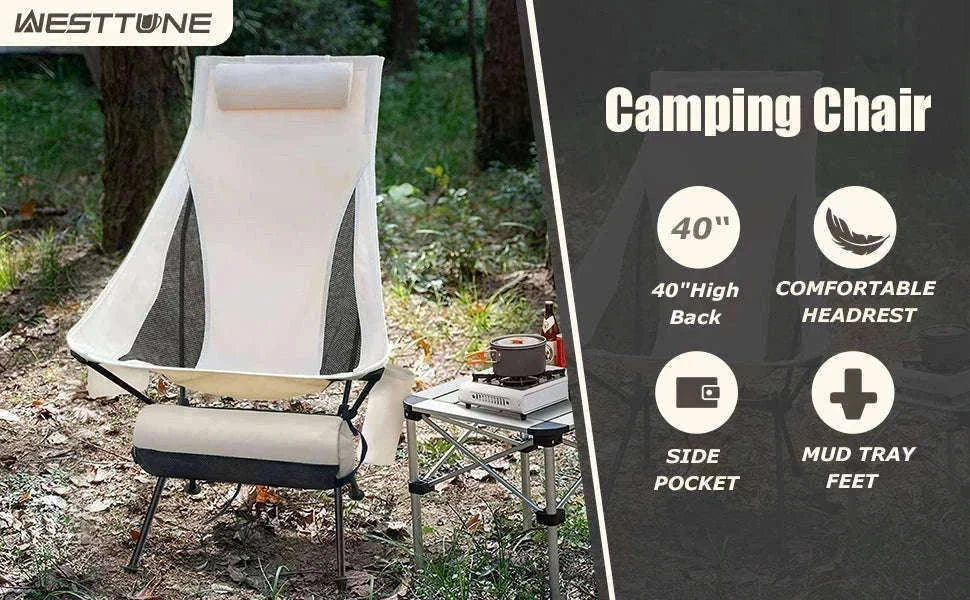 Portable Folding Camping Chair with Headrest Lightweight Aluminum Alloy-Beige