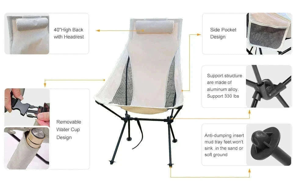 Portable Folding Camping Chair with Headrest Lightweight Aluminum Alloy-Beige