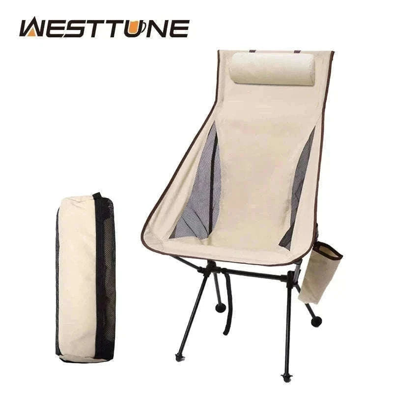 Portable Folding Camping Chair with Headrest Lightweight Aluminum Alloy-Beige