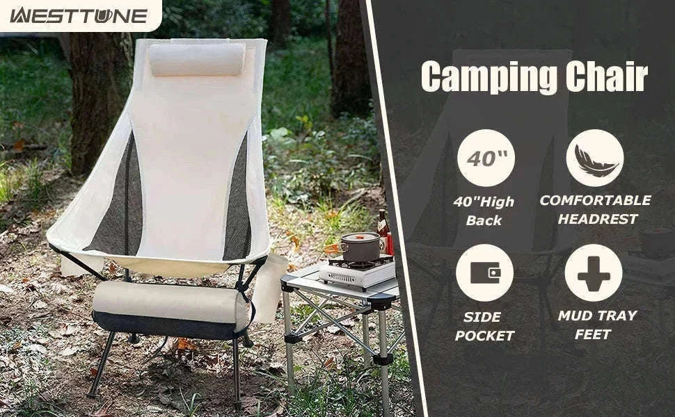 Portable Folding Camping Chair with Headrest Lightweight Aluminum Alloy-Beige