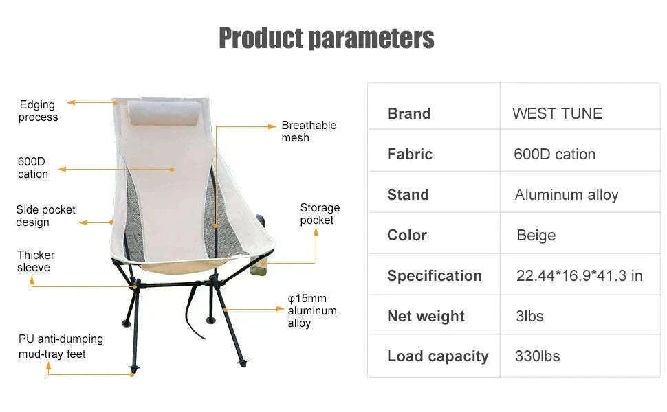 Portable Folding Camping Chair with Headrest Lightweight Aluminum Alloy-Beige