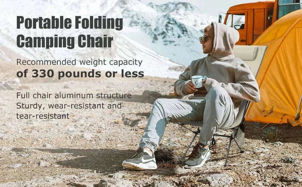 Portable Folding Camping Chair with Headrest Lightweight Aluminum Alloy-Beige