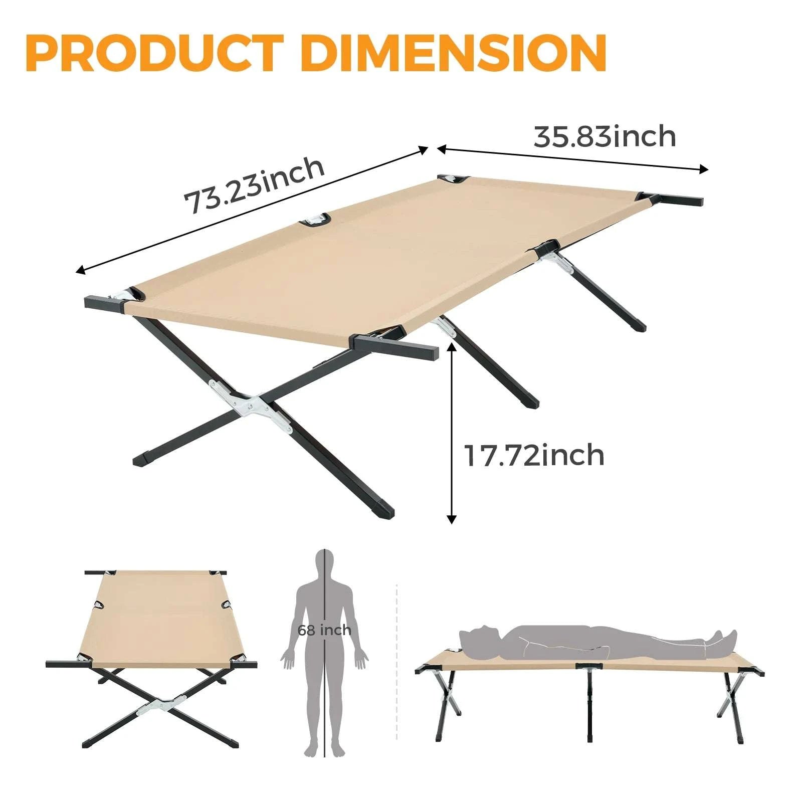 Portable Folding Camping Cot Bed 300 lbs Capacity 73" x 36"-Khaki / United States