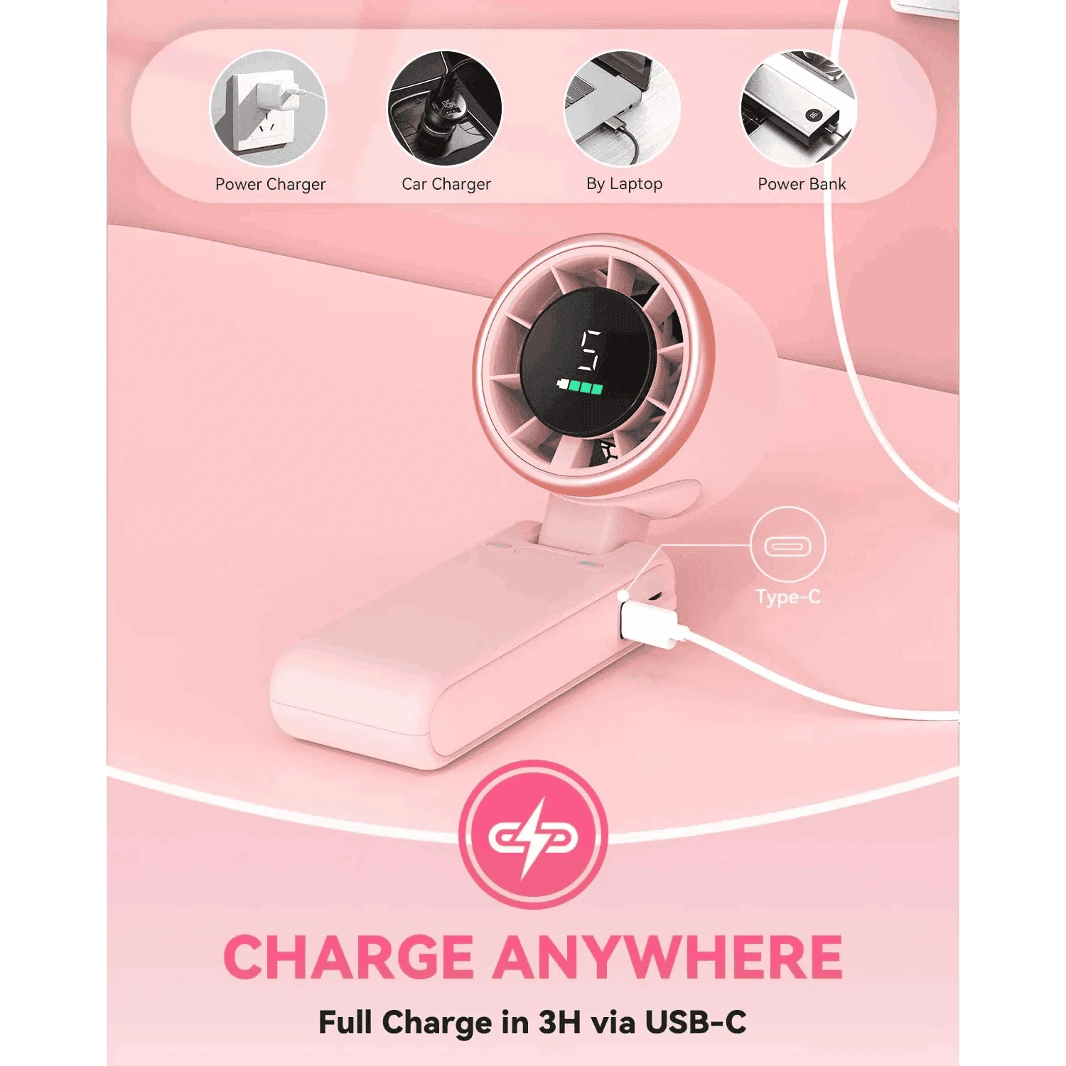Portable Handheld Turbo Fan, 5000mAh, 12-Hour Battery Life-WHITE / United States
