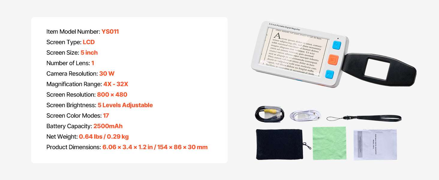 Portable HD Digital Magnifier with 5" Screen & 4X–48X Zoom-1 Len / United States
