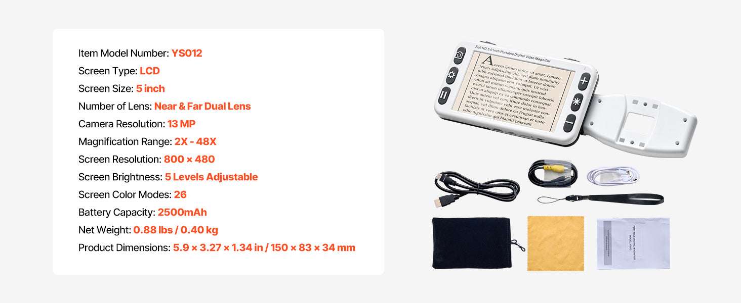 Portable HD Digital Magnifier with 5" Screen & 4X–48X Zoom-1 Len / United States