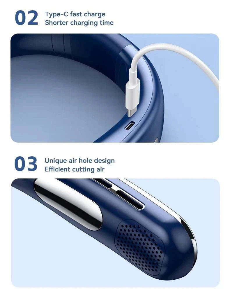 Portable Neck Air Conditioner Fan 5-Speed Rechargeable Cooling-Blue
