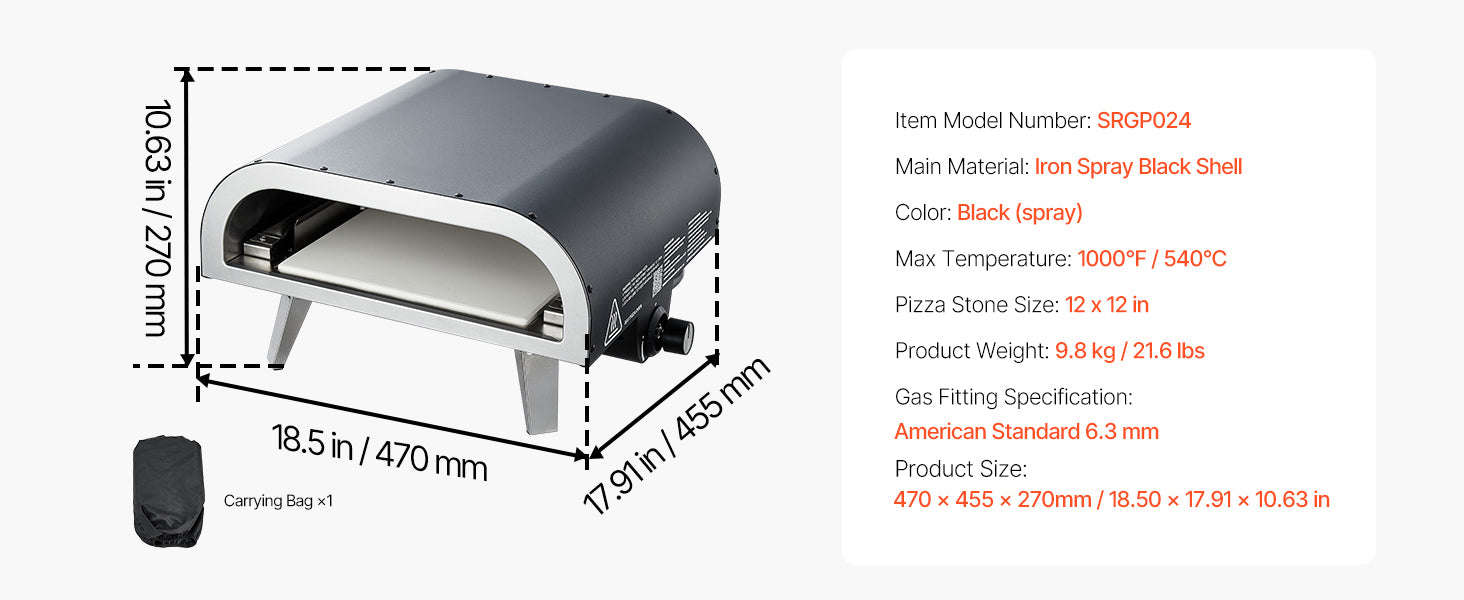 Portable Propane Outdoor Pizza Oven 12 Inch with Pizza Stone and Carry Bag-American Standard / United States