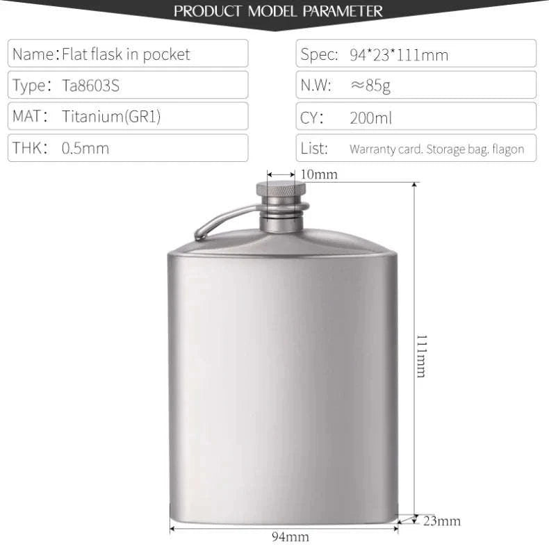 Portable Pure Titanium Hip Flask with Funnel, 200ml/260ml-Ta8603S-200ml