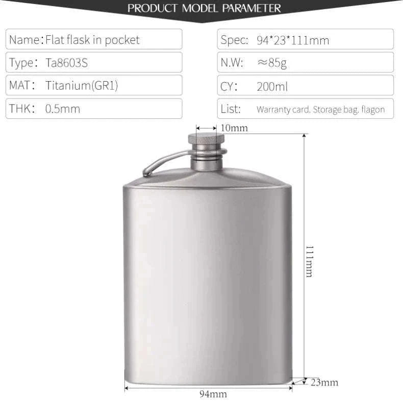 Portable Pure Titanium Hip Flask with Funnel, 200ml/260ml-Ta8603S-200ml