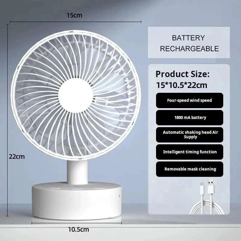 Portable Rechargeable Desk Fan – 4-Speed White Cooling Companion-WHITE